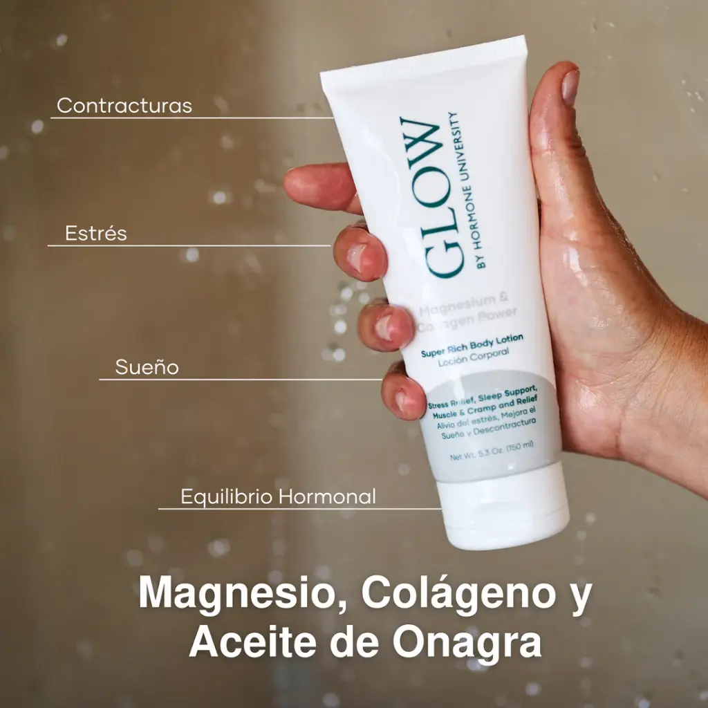 Loción corporal rica en Magnesio de la marca GLOW HORMONE UNIVERSITY: Alivia Contracturas, Estrés Sueño y equilibrio Hormonal